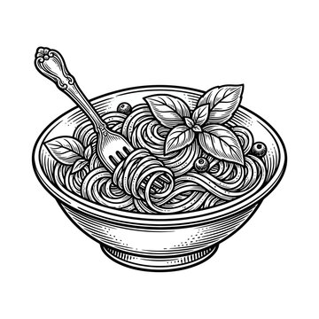 Bowl of spaghetti pasta with basil leaves and a fork.