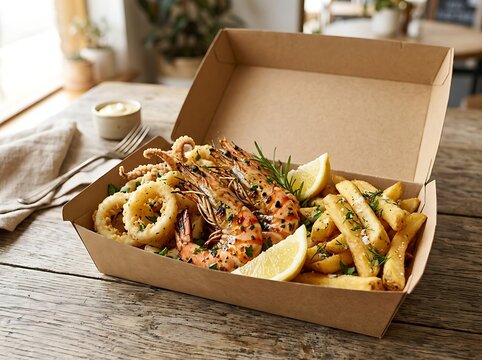 Fried calamari and french fries served in a cardboard takeout box on a wooden table. Australian takeout
