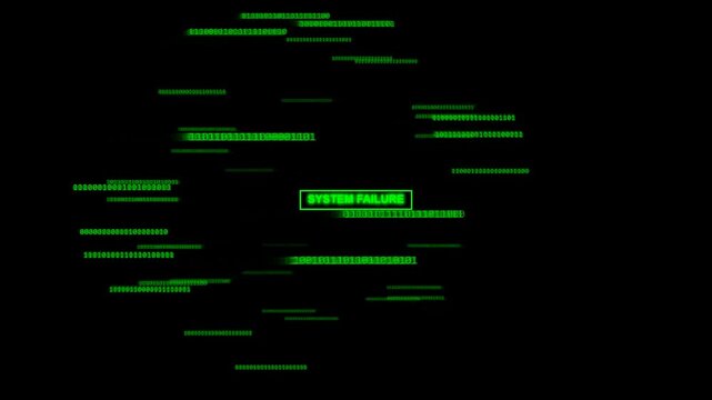 System failure warning message with green binary code numbers floating on a dark background showing a computer software error or cyber security threat concept 4K Motion Video