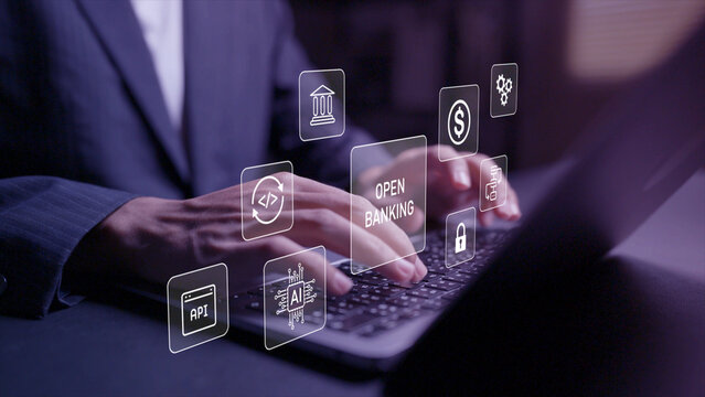 Digital open banking platform concept. Person using laptop with open banking, API and financial network icons, secure data sharing, online payment and fintech integration.