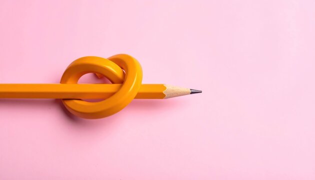 Conceptual Yellow Pencil Tied in a Knot on Pink Background, Symbol of Writer's Block and Creativity