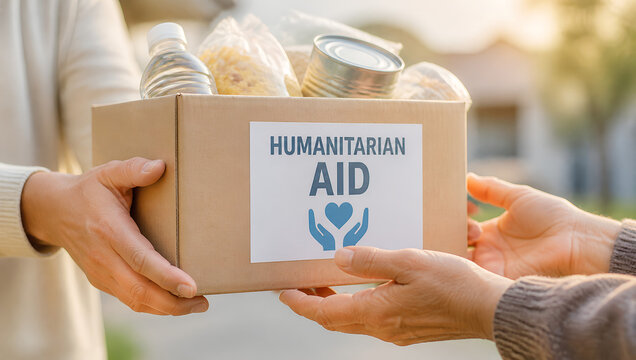People Passing a Humanitarian Aid Box for Community Support