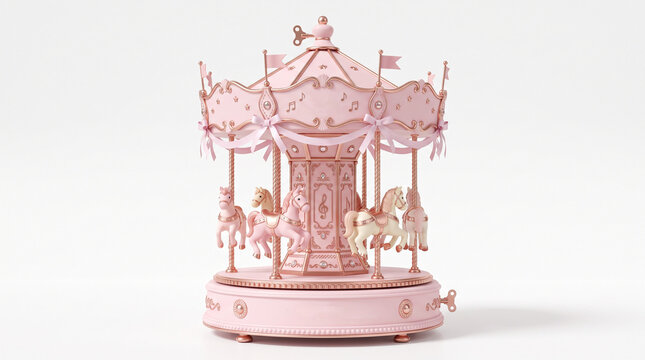 Elegant pink wind-up music box featuring carousel horses and rose gold accents on a white background.