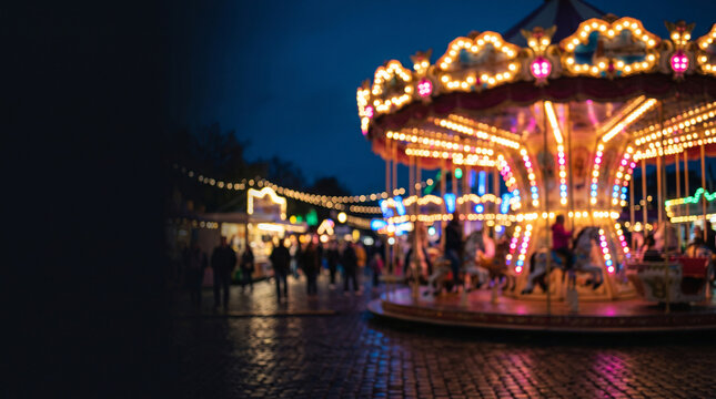 Vibrant illuminated merry-go-round at a festive night fair with bokeh lights and copy space.