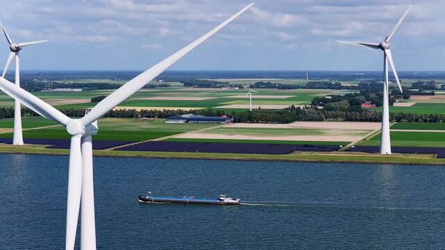Aerial view of wind turbines and solar panels along a Dutch lake