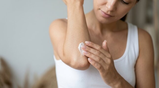 Young woman applying moisturizing cream to dry elbow for smooth skin care routine