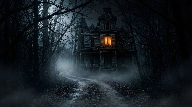 Spooky victorian mansion at night with glowing orange light in window surrounded by dark misty forest trees