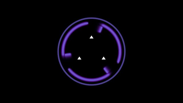 Abstract purple glowing neon circular loading spinner icon with small white triangles on a black background 4K Motion Video