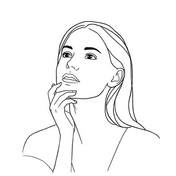 Minimalist continuous line art portrait of a thoughtful woman vector aesthetic linear drawing.