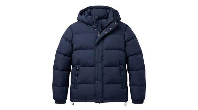 Fashionable navy blue hooded puffer jacket isolated on white, ideal for chilly weather and outdoor adventures, offering warmth and modern style