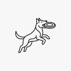 Fototapeta premium Minimalist black line art illustration of a dog jumping mid-air to catch a round flying disc in its mouth, side profile view showing athletic canine movement, white background.