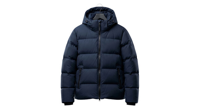 Modern Navy Blue Puffer Jacket Featuring a Protective Hood, Ideal for Cold Weather and Outdoor Adventures, Providing Warmth and Style