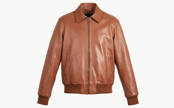 Brown leather bomber jacket isolated on white background