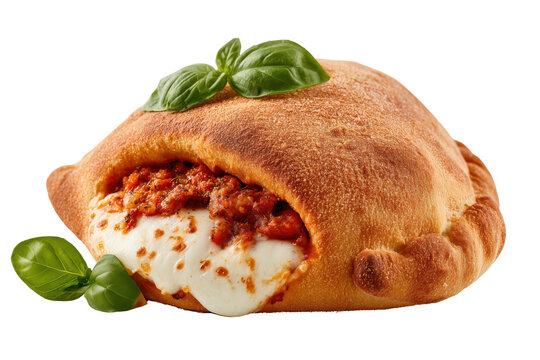 Delicious golden-baked calzone stuffed with melted cheese and tomato sauce garnished with fresh basil