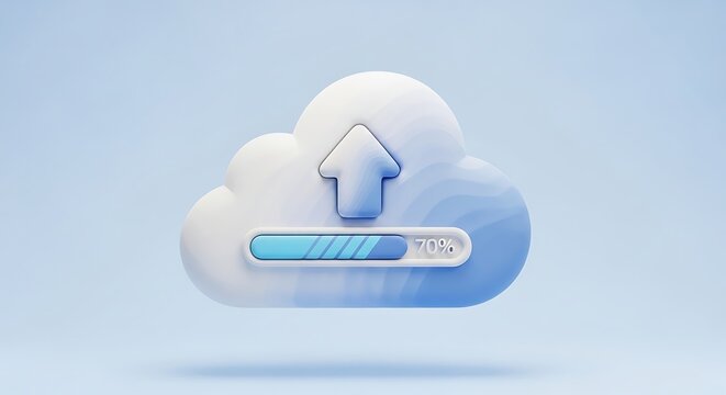 Modern cloud icon with upload arrow and progress bar showing seventy percent completion for digital design projects