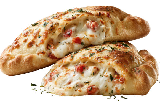 Delicious stuffed calzone pizza with melted cheese and herbs displayed on white background