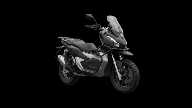 A 3D model of a modern black adventure motor scooter with dual-sport features set against a solid dark black background. Ideal for high-contrast automotive graphics, motorcycle advertising, and digita