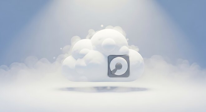 Modern cloud storage icon integrated within fluffy white cloud illustration for digital technology presentations