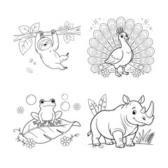 Coloring page set with cartoon sloth, peacock, frog on a leaf, and smiling rhinoceros