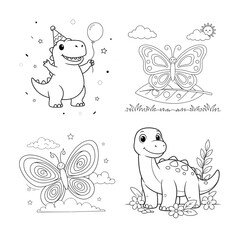 Coloring page set with cute dinosaurs, butterflies, balloons, and flowers, line butterfly © Ruma