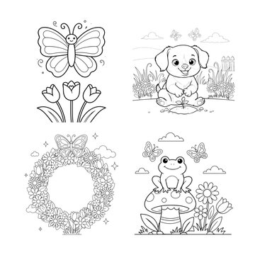 Coloring page set with butterfly, puppy, floral wreath, and frog on a mushroom, line