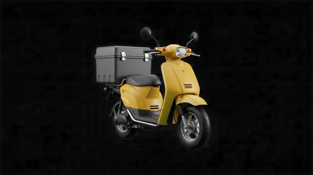 A detailed 3D model of a yellow delivery motor scooter equipped with a large rear cargo trunk set against a solid dark black background. Excellent for high-contrast logistics graphics, food delivery a