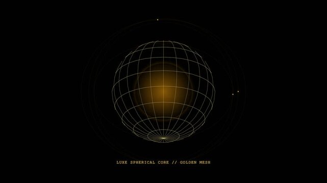 Rotating 3D wireframe sphere with glowing golden core and orbit rings