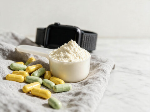 White powder sits in a measuring cup beside capsules. Smartwatch rests behind, hinting at fitness tracking. Soft cloth cradles the items, adding casual texture
