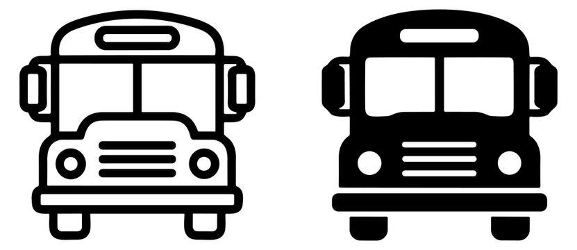 School bus front view icons in black and white outline and solid style transportation vehicle graphics set for education and travel design on transparent background