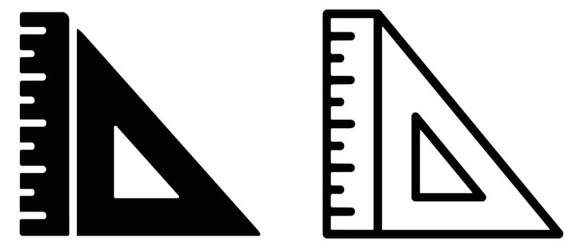 Set of solid and outline triangle rulers with measurement markings isolated on white background for drawing and geometry tools illustration on transparent background