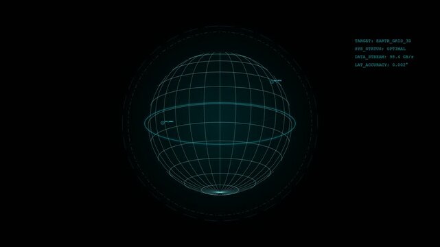 Digital wireframe globe HUD display rotating on black background