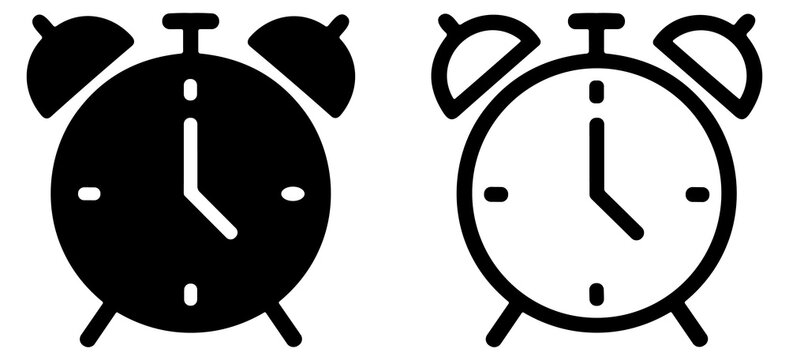 Alarm clock icon set with classic twin bell analog clocks in solid and outline style symbols representing time and wake-up concepts on transparent background