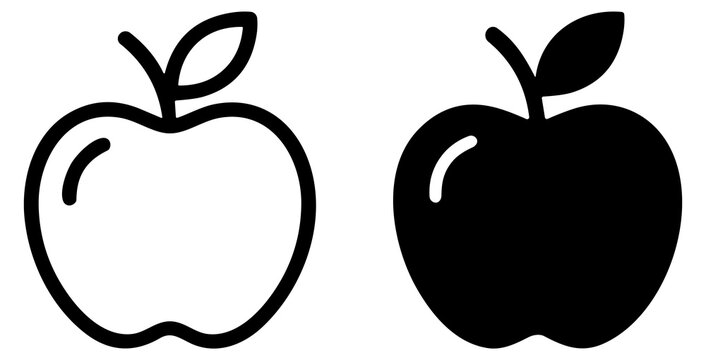 Apple fruit icons set featuring outline and solid black minimalist vector illustrations with leaves and shiny details for various design uses on transparent background