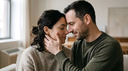 Fototapeta premium Loving couple sharing an intimate moment with foreheads touching and eyes closed