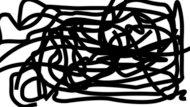 Abstract black scribble lines on white background, hand-drawn chaotic ink animation, minimalist artistic texture for motion and creative projects