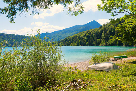 green lake shore and shrubs, rowing boats, lake Walchensee, Herzogstand mountain view