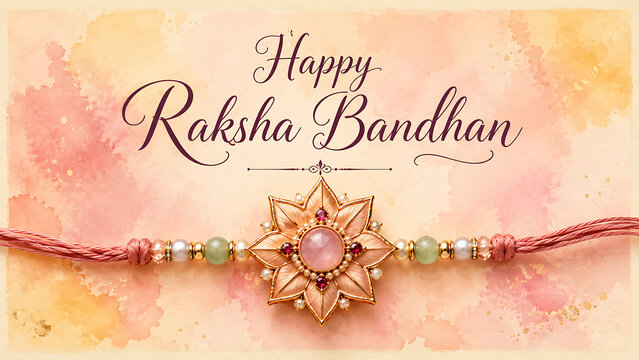 Elegant pink floral rakhi adorned with shiny gems against a soft peach and pink watercolor background symbolizing sibling love happy raksha bandhan