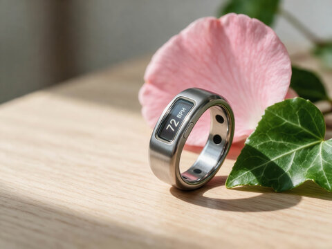 Close-up smart health ring displaying heart rate beside a pink flower and green leaf in warm natural sunlight.