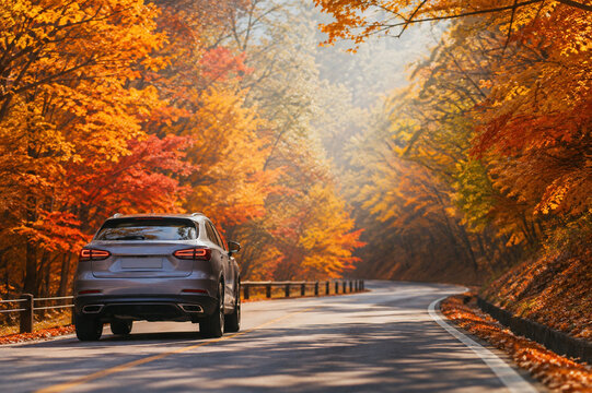 Autumn Journey: A solitary car drives down a winding road enveloped by a breathtaking tunnel of vibrant autumn foliage, showcasing the picturesque beauty of the fall season.