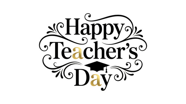 Elegant typography design for happy teachers day featuring flourishes and a graduation cap illustration