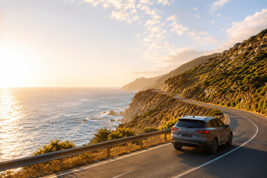 Coastal Road Trip at Sunset: A car travels along a winding road by the sea, with the sun setting over the ocean, casting a warm, golden light on the landscape and the waves crashing against the shore.