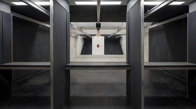 Indoor shooting range, firearms training and target practice facility for safety, defense and precision. Gun range, weapon sports and tactical exercise with empty booth, aim and marksman skill