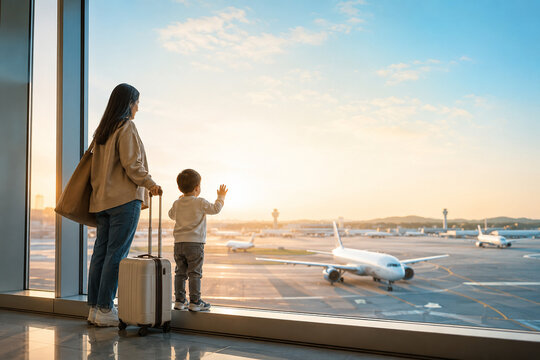 Family Holiday Anticipation: A mother and her young child gaze out of a large airport window at the tarmac, with airplanes ready for departure under a beautiful sunset sky.