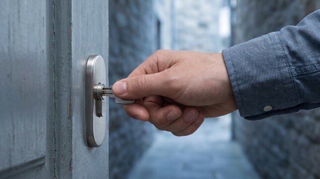 New owner unlocks the side entrance to a retail premises