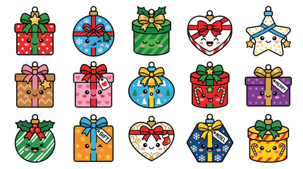 Fototapeta premium Cute kawaii Christmas gift boxes and ornaments set. 15 colorful holiday icons. Vector flat design.