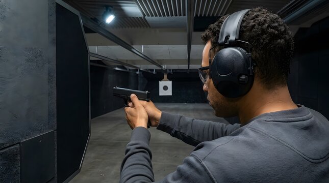 Shooting range man and handgun in indoor facility for target practice, firearm safety and law enforcement training. Skill, pistol and protection with earmuffs, defense and tactical exercise activity
