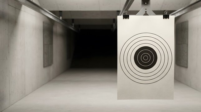 Shooting range, target and paper for practice, training and sport activity. Indoor facility, precision and bullseye with handgun skill, firearms exercise and accuracy for success and goal achievement