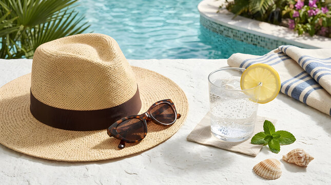 Summer vacation flatlay with straw hat, sunglasses, and refreshing lemon water by a luxury swimming pool