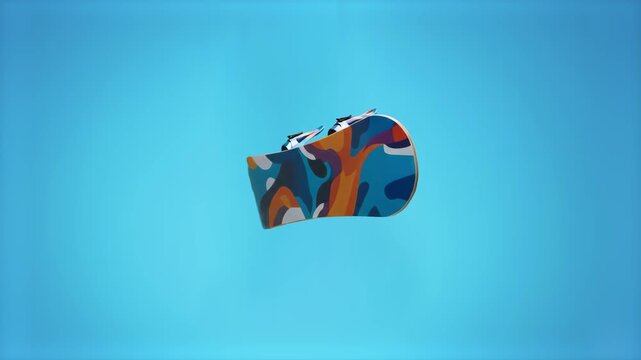 A modern 3D render of a freestyle snowboard featuring an abstract colorful blue, orange, and white graphic pattern on its deck, floating isolated against a solid blue backdrop. Great for winter sports