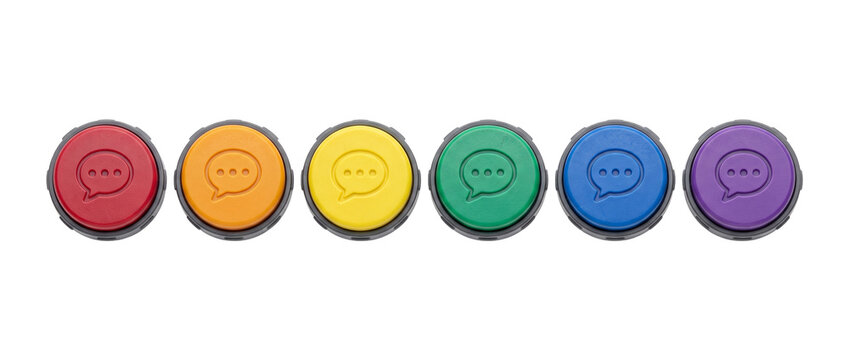 Speech bubble buttons colorful plastic talk buzzers in rainbow colors red orange yellow green blue purple with chat icons isolated on white background for communication, social feedback and messaging.
